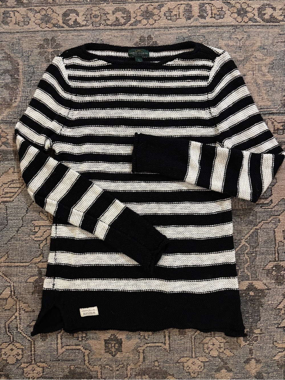 Lauren Ralph Lauren Black & White Striped Crewneck Sweater Size S